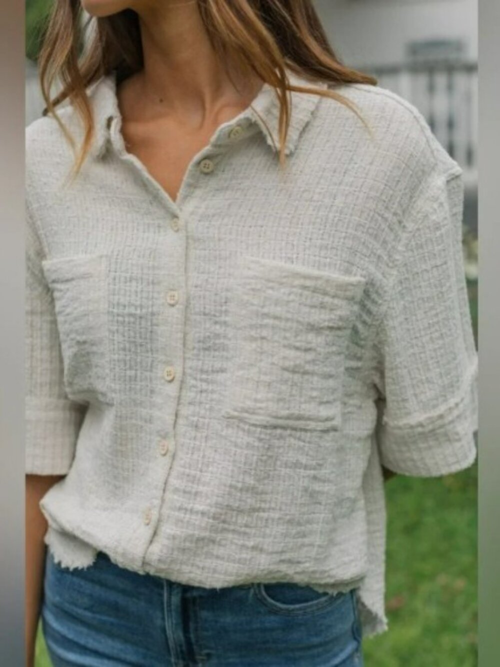 Neuflora Vienna Button Down Blouse Top EUC Sz Large L Raw Edges Linen Blend